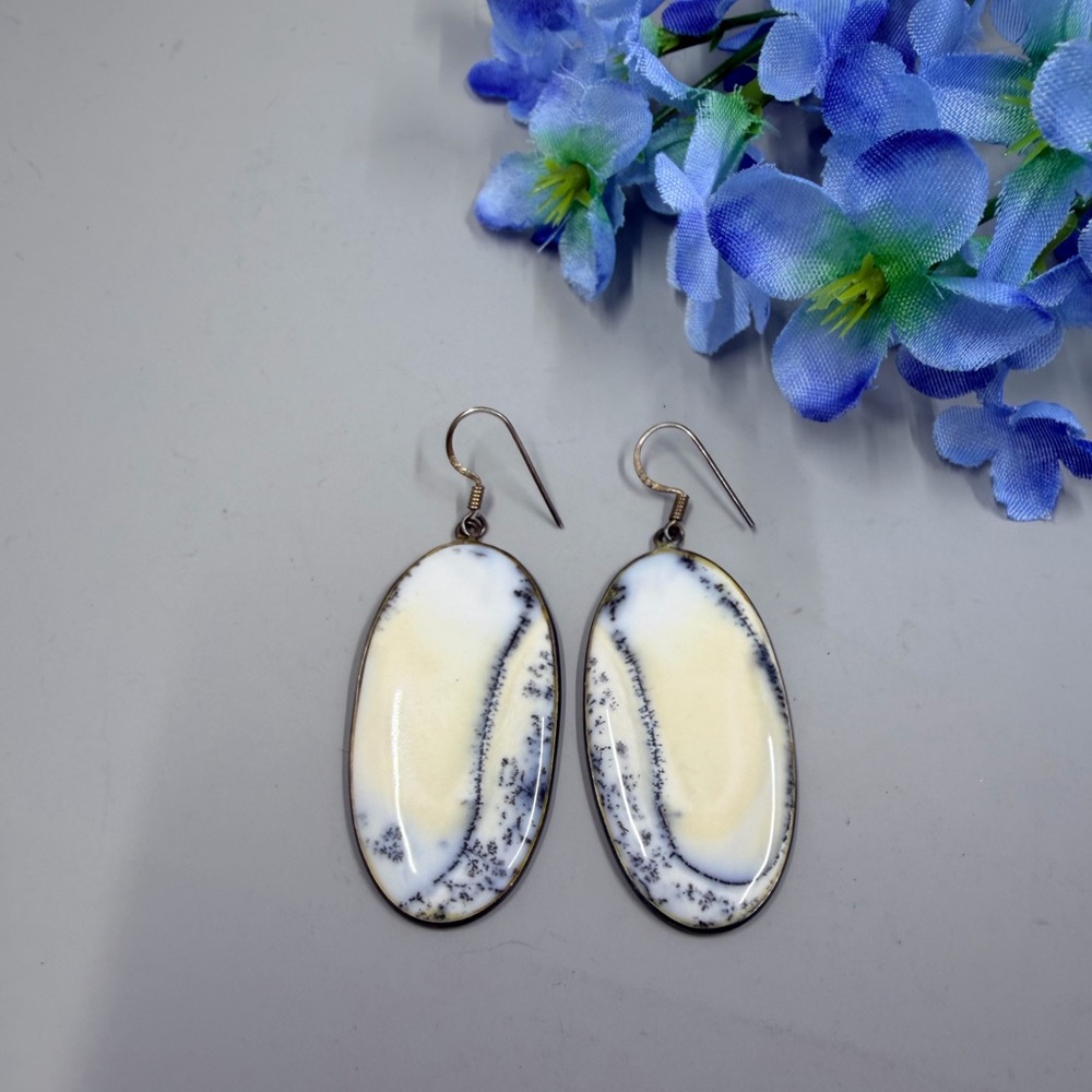 Dendritic Opal Vintage 925 Sterling Silver Drop Earrings
